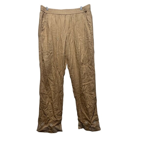 Abercrombie Fitch Linen Loose Fit Pants Womens Large Brown Embroidered Hem Beach - Picture 1 of 13